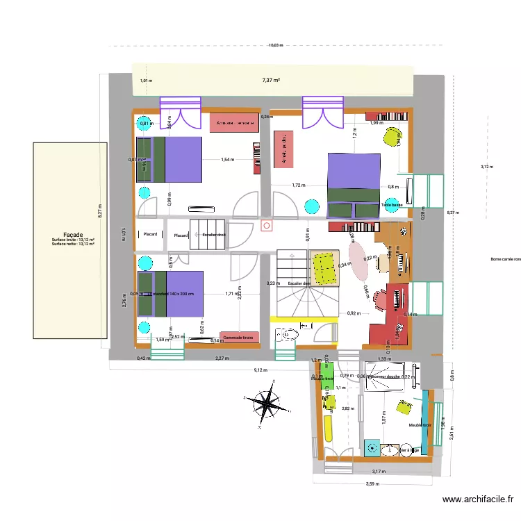 caoussado11cot&eacute;. Plan de 1  et 7 m²