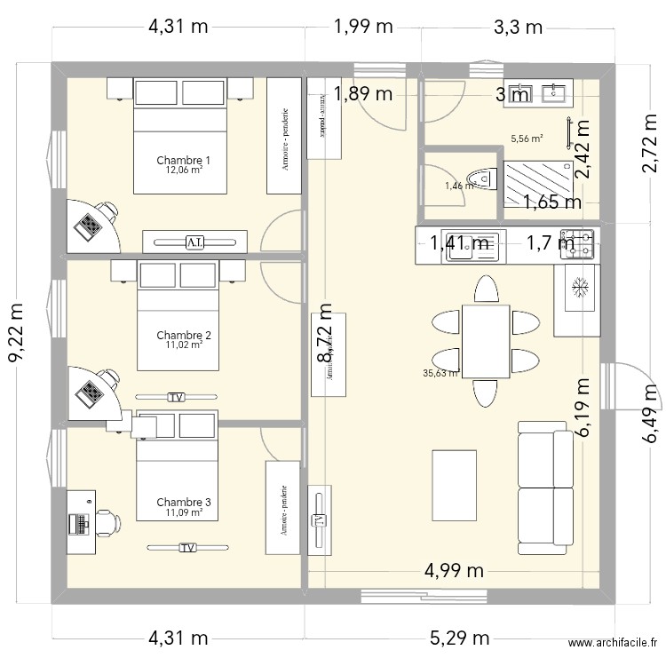 projet maison mitoyenne 3 ch. Plan de 6 pièces et 77 m2