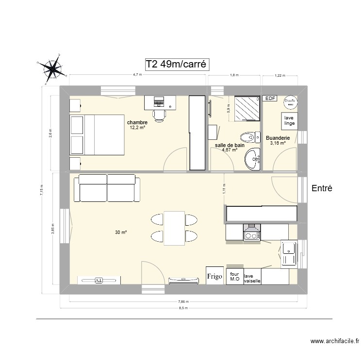 appT2. Plan de 4 pièces et 50 m2