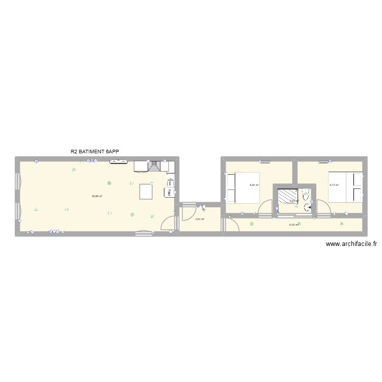 R2 BAT6. Plan de 6 pièces et 69 m2