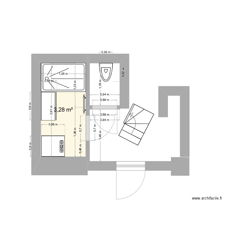 sdb sous sol 4. Plan de 1 pièce et 3 m2
