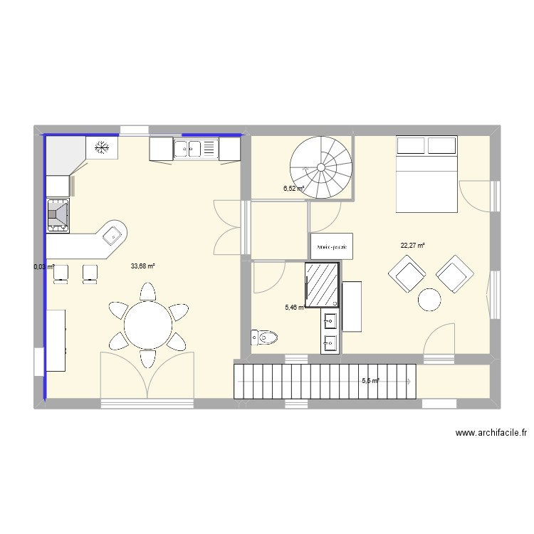 RDJ_escalier en colimaçon. Plan de 6 pièces et 73 m2