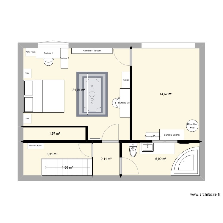 N-SS. Plan de 7 pièces et 51 m2