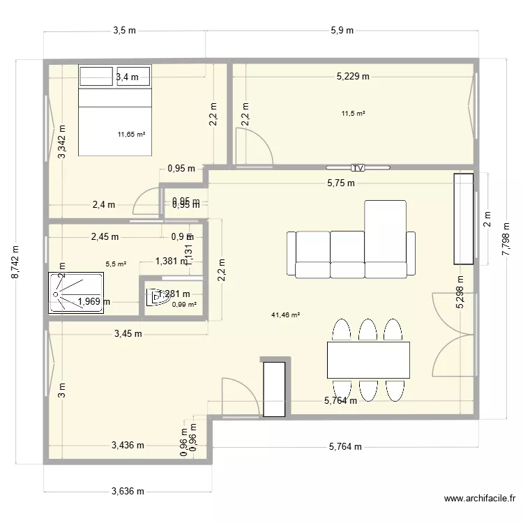 VISUALISATION AMENAGEMENTS BIS. Plan de 5  et 71 m²