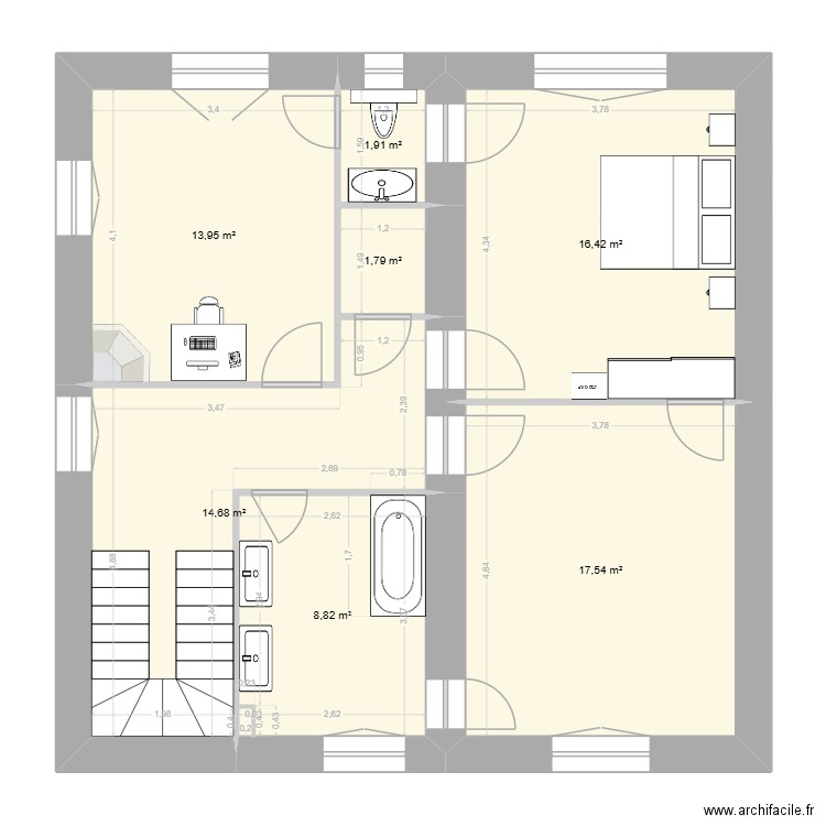 1er étage. Plan de 7 pièces et 75 m2