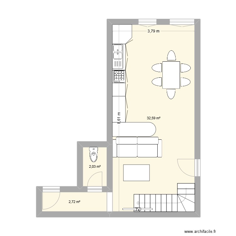 piece du bas 2025. Plan de 3 pièces et 37 m2
