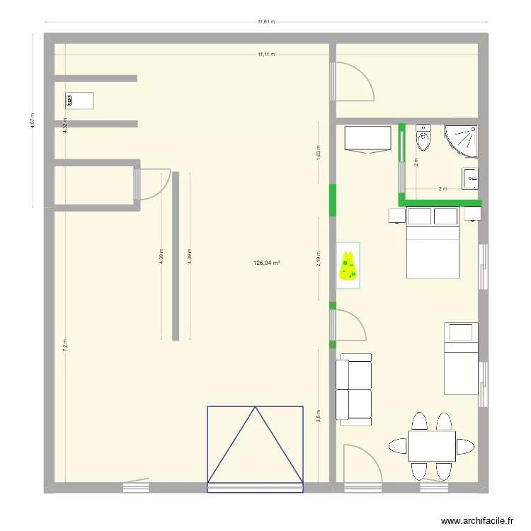 Sous sol apr&egrave;s modification. Plan de 1  et 126 m²