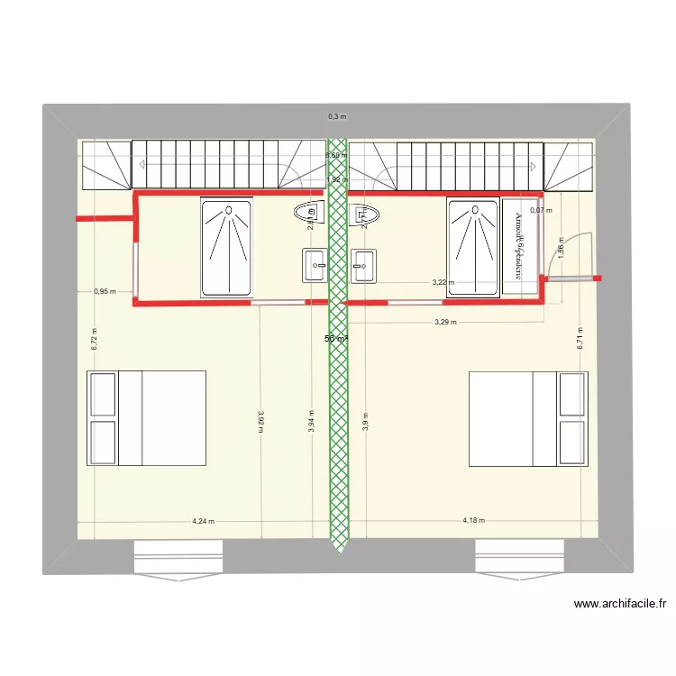 Plan étage avec deux escaliers quart tournants latéraux. Plan de 1 et 56 m² Plan étage avec deux escaliers quart tournants latéraux. Plan de 1 et 56 m²