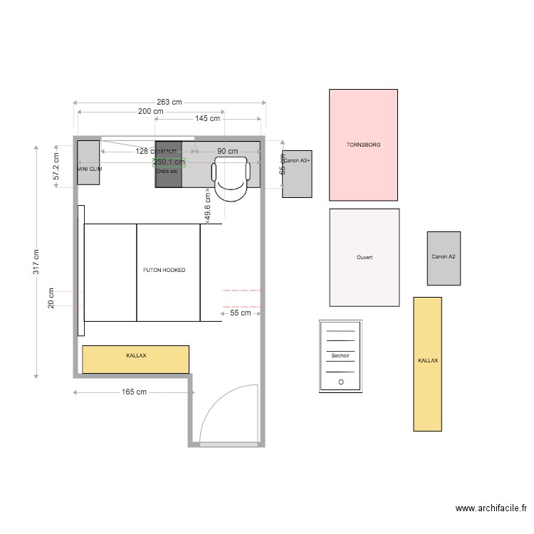 Bureau NEW Futon v3. Plan de 1 pièce et 9 m2