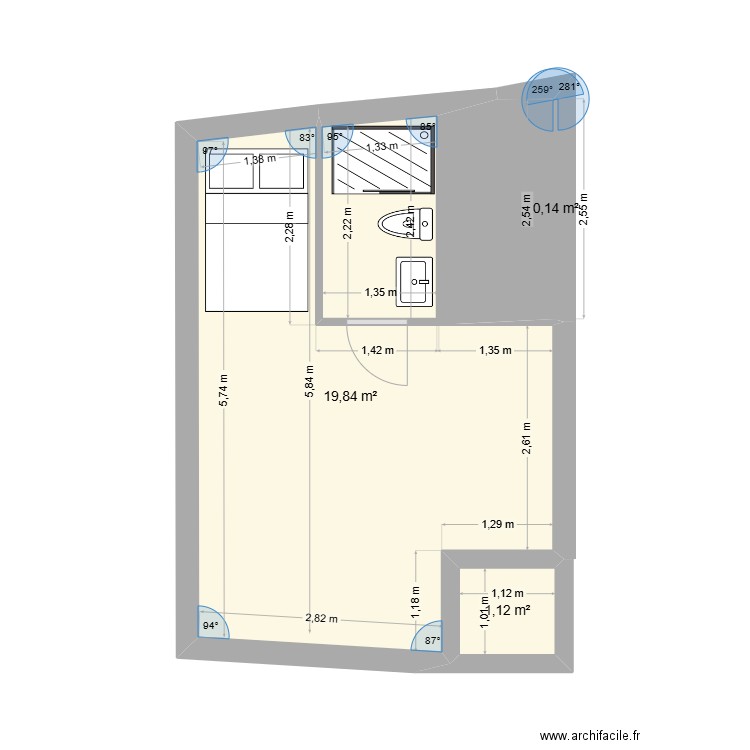 RDC - 1 nouveau. Plan de 3 pièces et 21 m2