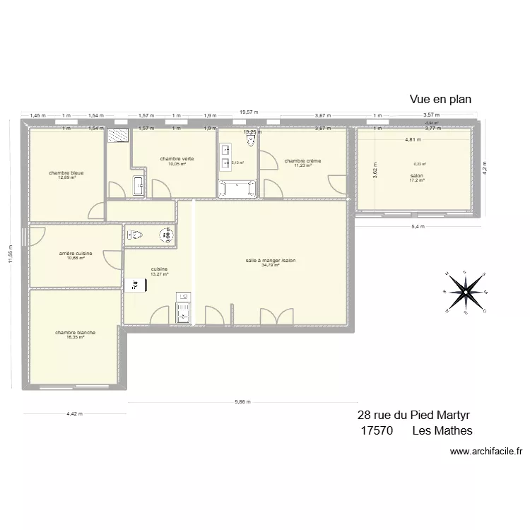 Maison Les Mathes avec boussole 4/11/2025. Plan de 