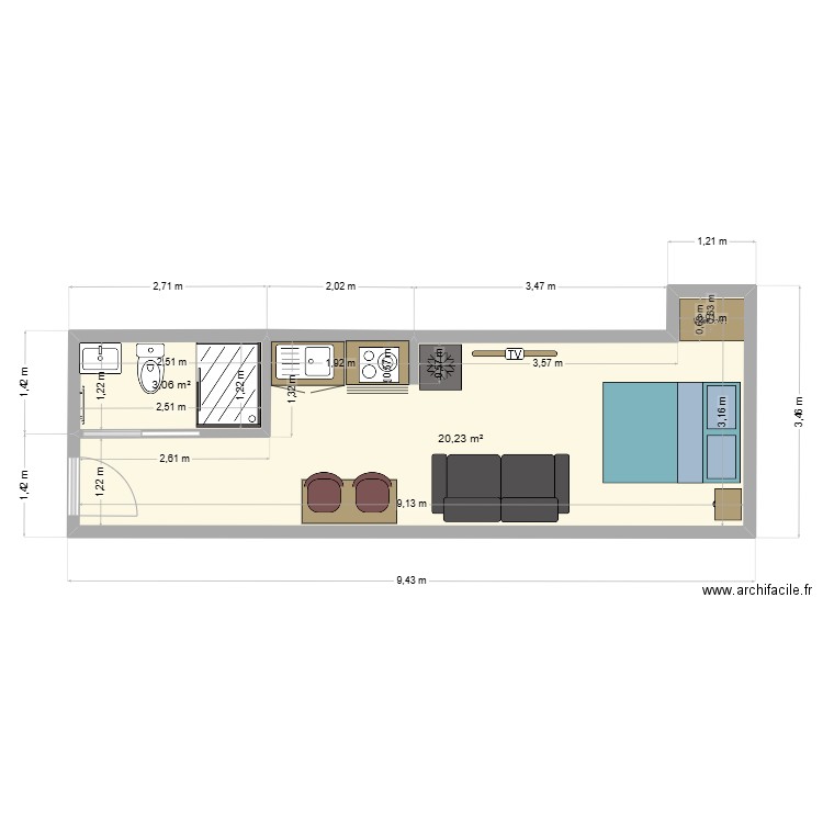 Cuisine Chihimo. Plan de 2 pièces et 23 m2