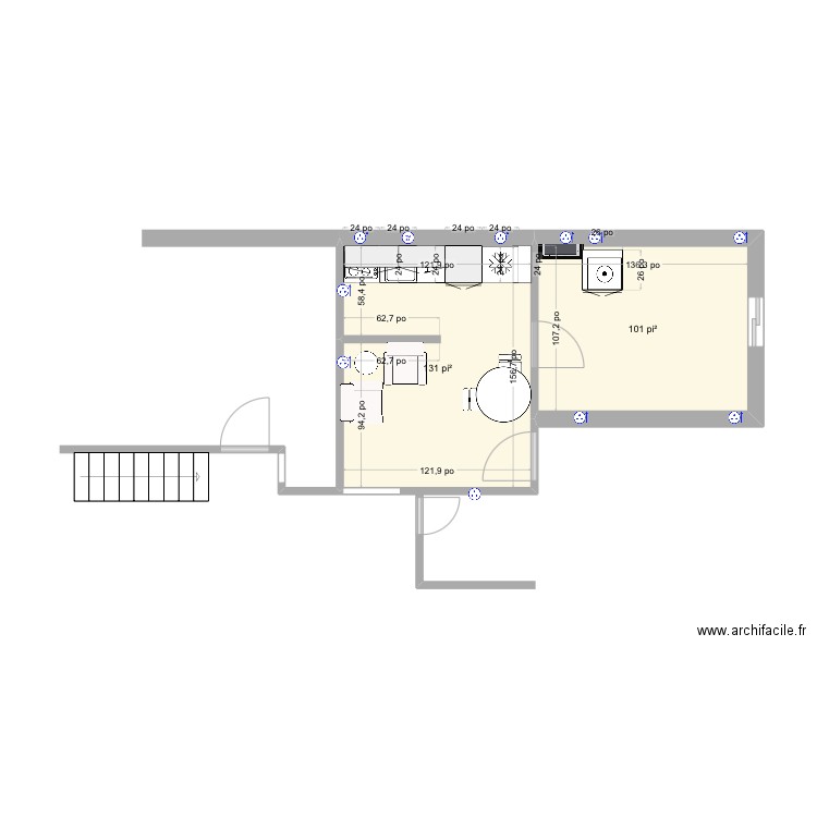 Cuisine sous sol. Plan de 2 pièces et 22 m2