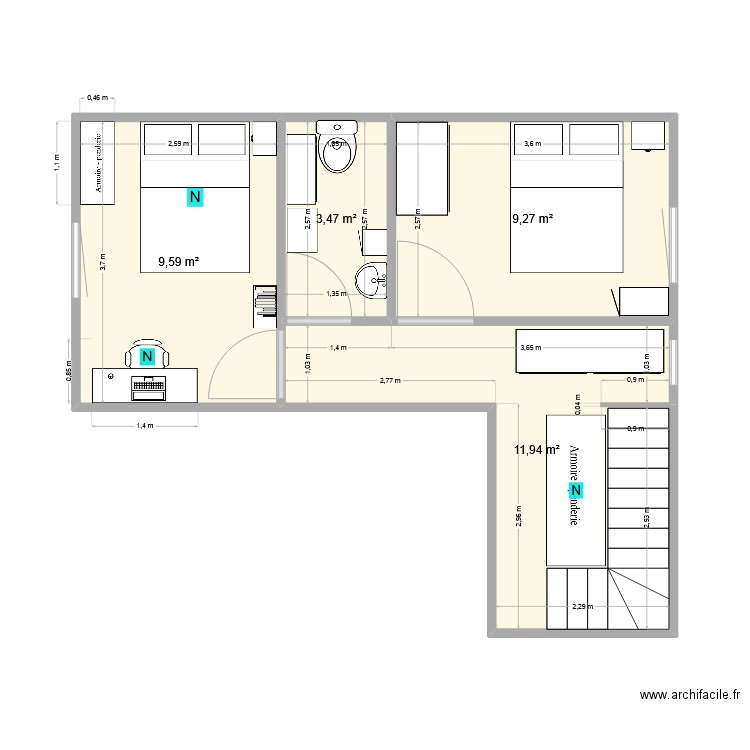 etage. Plan de 4 pièces et 34 m2