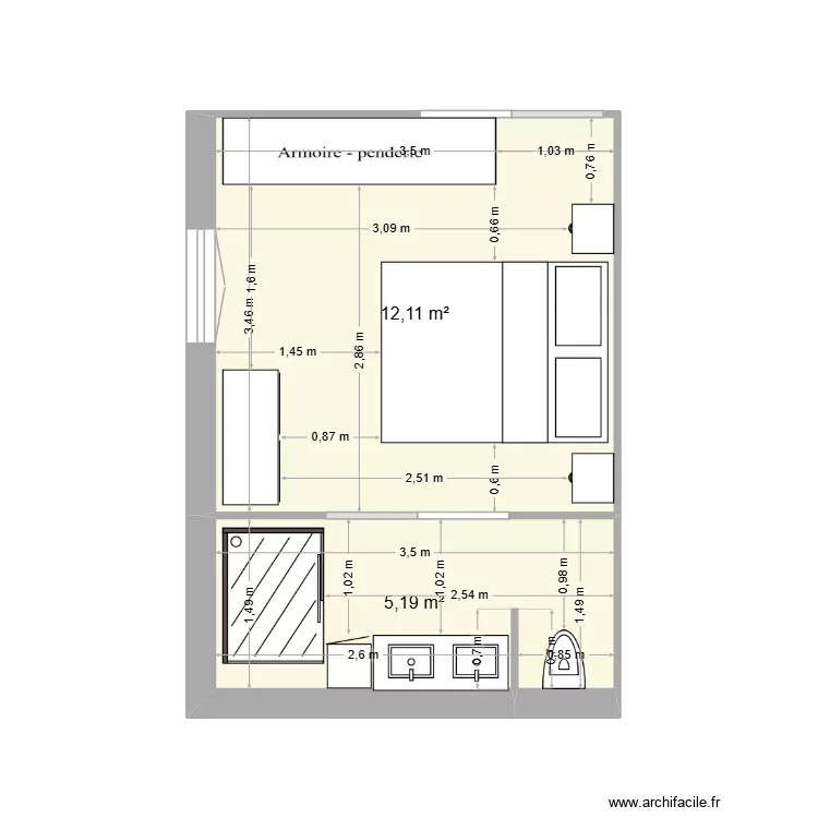 cuisine. Plan de 2  et 17 m²