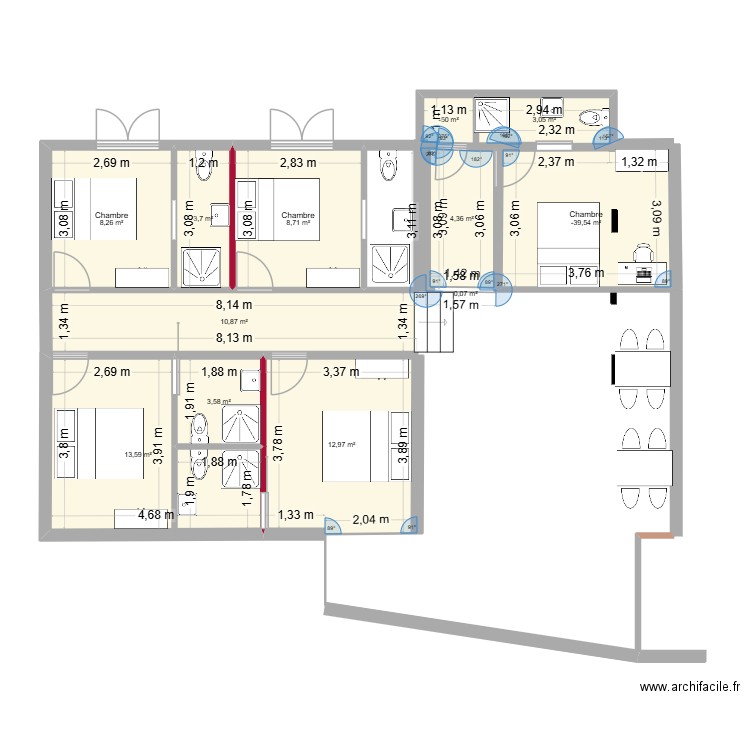 Chambre resto. Plan de 12 pièces et 82 m2