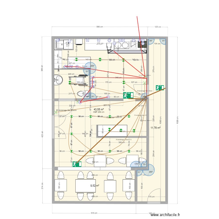 electricité. Plan de 3 pièces et 65 m2