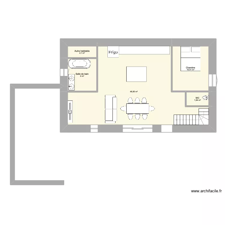 Grange avec agrandissement. Plan de 5 pièces et 69 m²