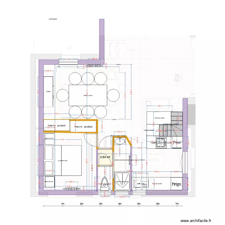 plan version MER 29/04  SDB cuisine chambre SaM  Douche 85 et dimensions reelles Plan initial avec details. Plan de 2  et 2 m²