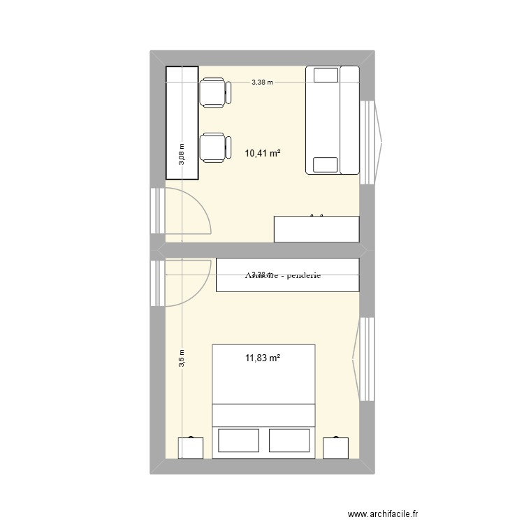 chambre ami. Plan de 2 pièces et 22 m2