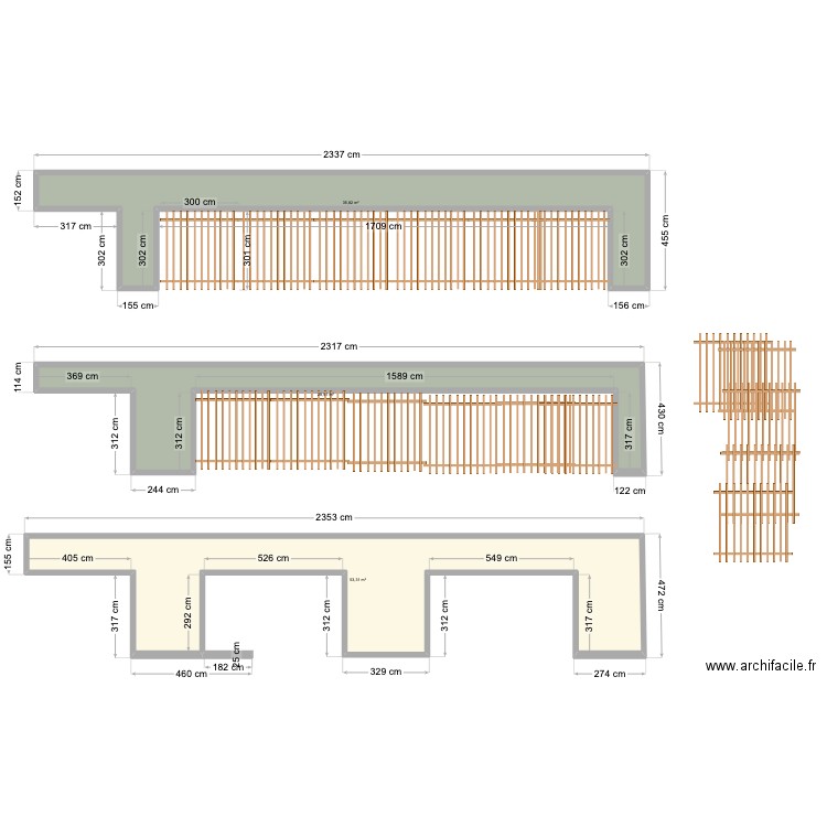 facade. Plan de 3 pièces et 118 m2