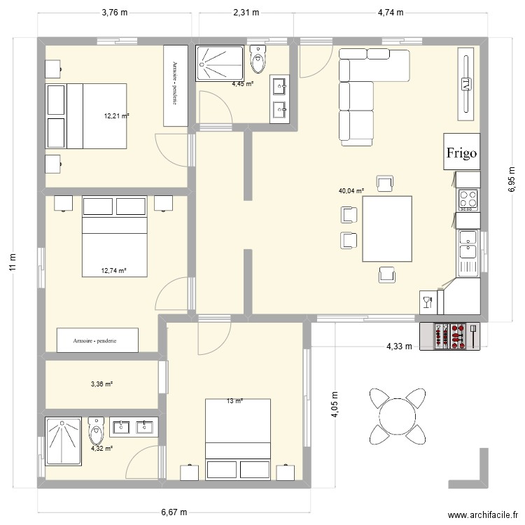 maison 95 m² terrasse 16m². Plan de 7 pièces et 90 m2