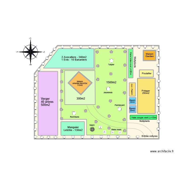 Paln Terrain. Plan de 15 pièces et 84 m2