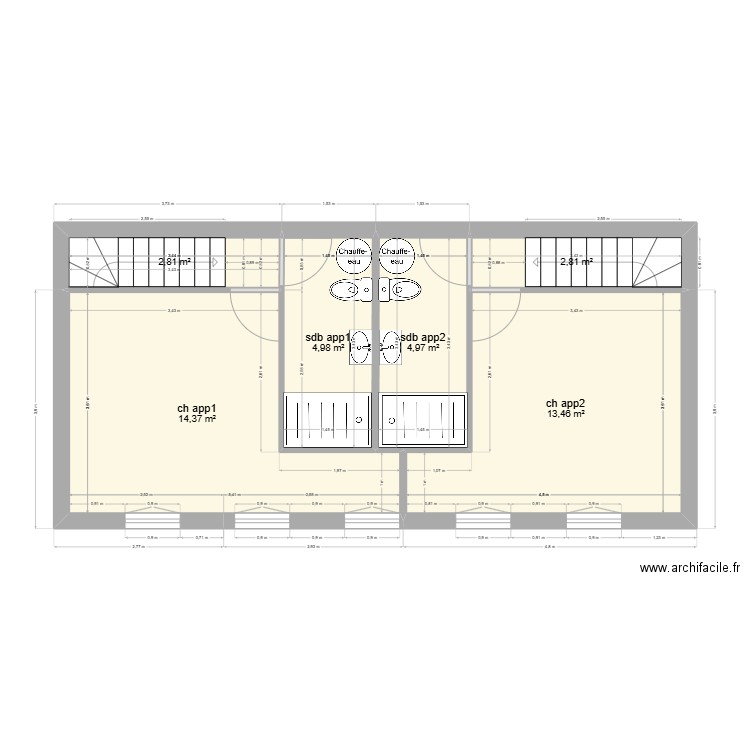 amenagement app etage. Plan de 6 pièces et 43 m2