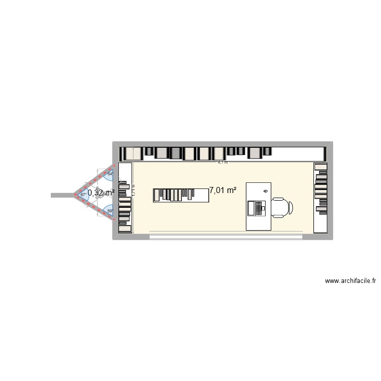 biblio. Plan de 2 pièces et 7 m2