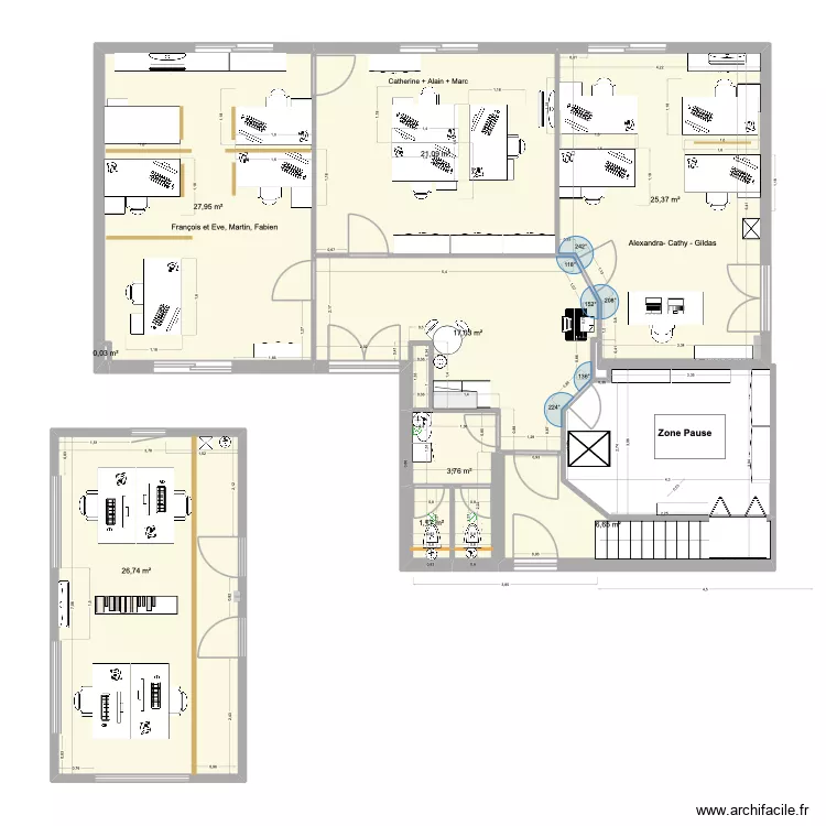 PROJET  5C- BUREAUX/WC/DEGAGEMENTS RDC. Plan de 9  et 130 m²
