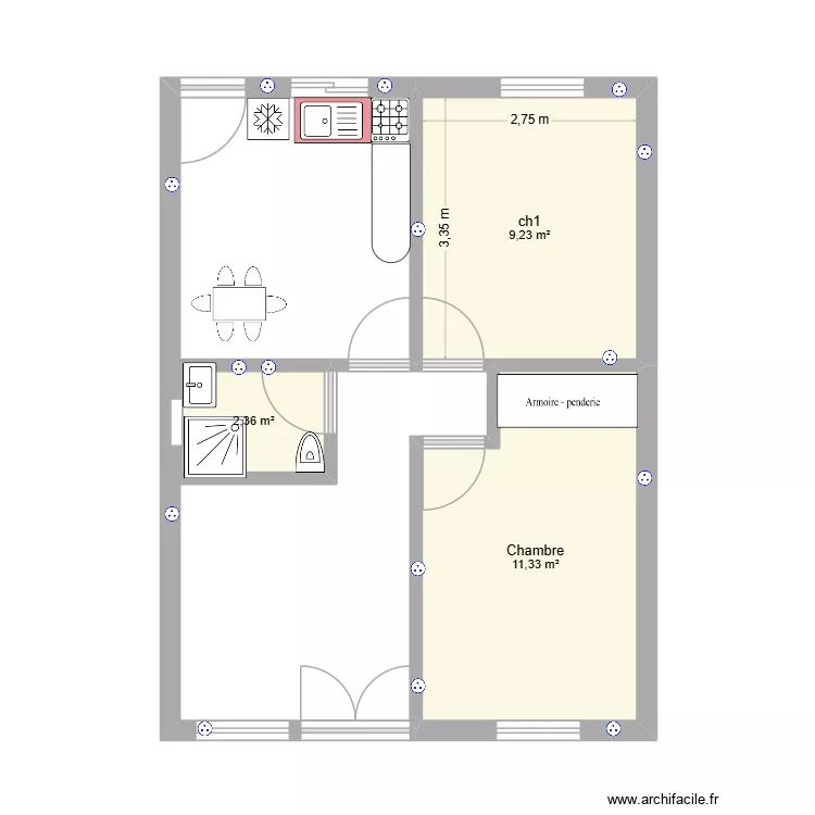 maison 1. Plan de 3  et 23 m²