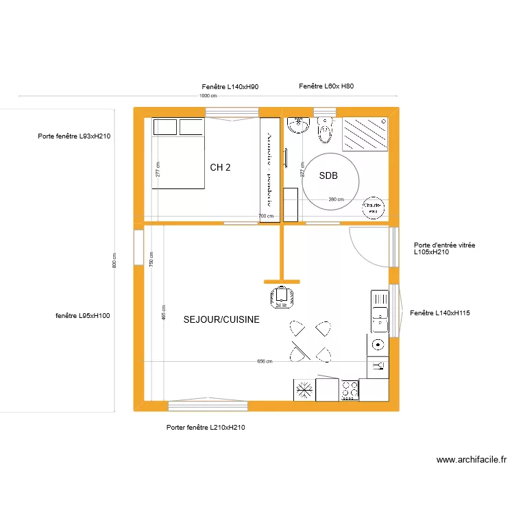 maison toit plat 50 m2 sans implantation poteaux/pieux. Plan de 