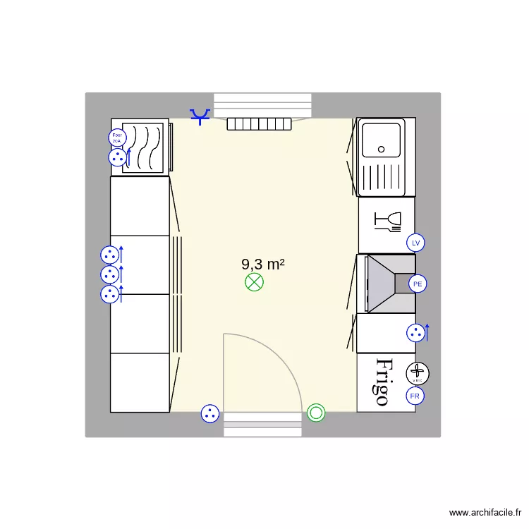 cuisine. Plan de 1  et 9 m²