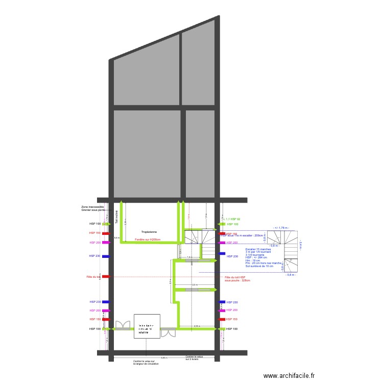 BAUCQ 77 4e étage Escaliers/Trémie. Plan de 12 pièces et 96 m2