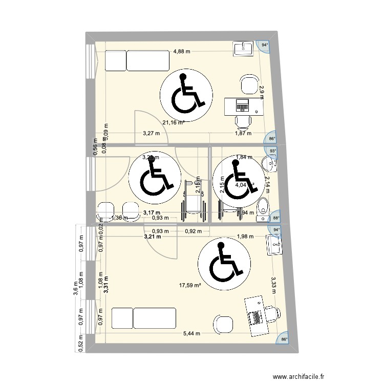Projet Cabinet Champlan variante 2. Plan de 3 pièces et 43 m2