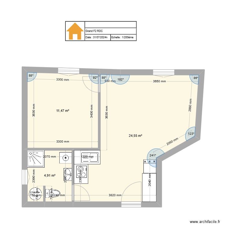 Grand F2 RDC. Plan de 3 pièces et 41 m2