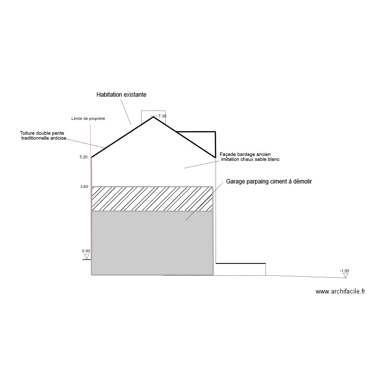 plan de façade ouest initial. Plan de 3 pièces et 27 m2