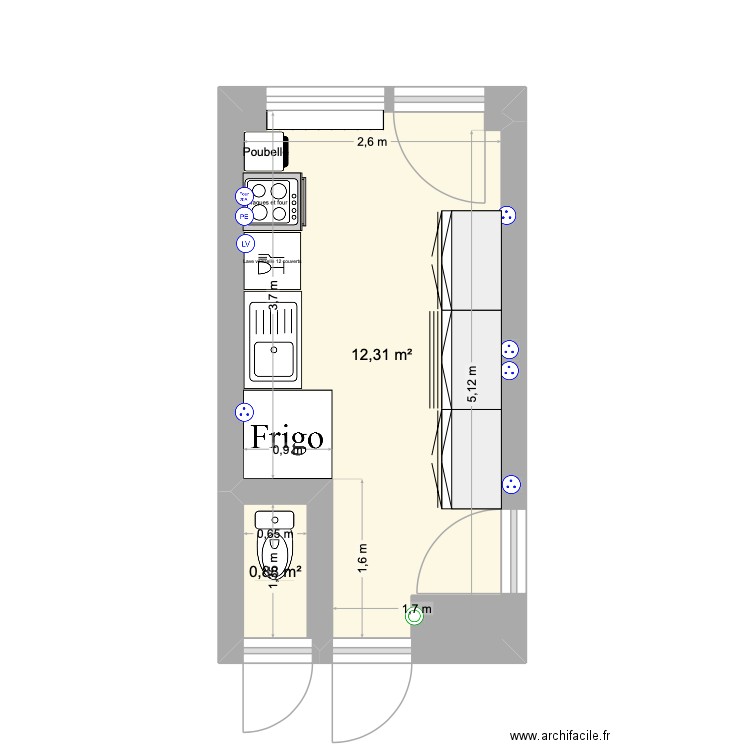 Cuisine Jean Segura. Plan de 2 pièces et 13 m2