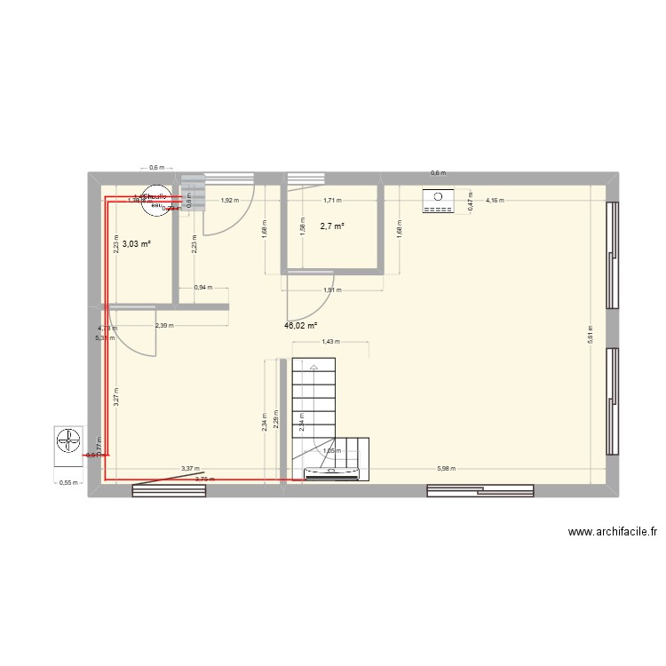 Chauffage Clim RDC. Plan de 3 pièces et 52 m2