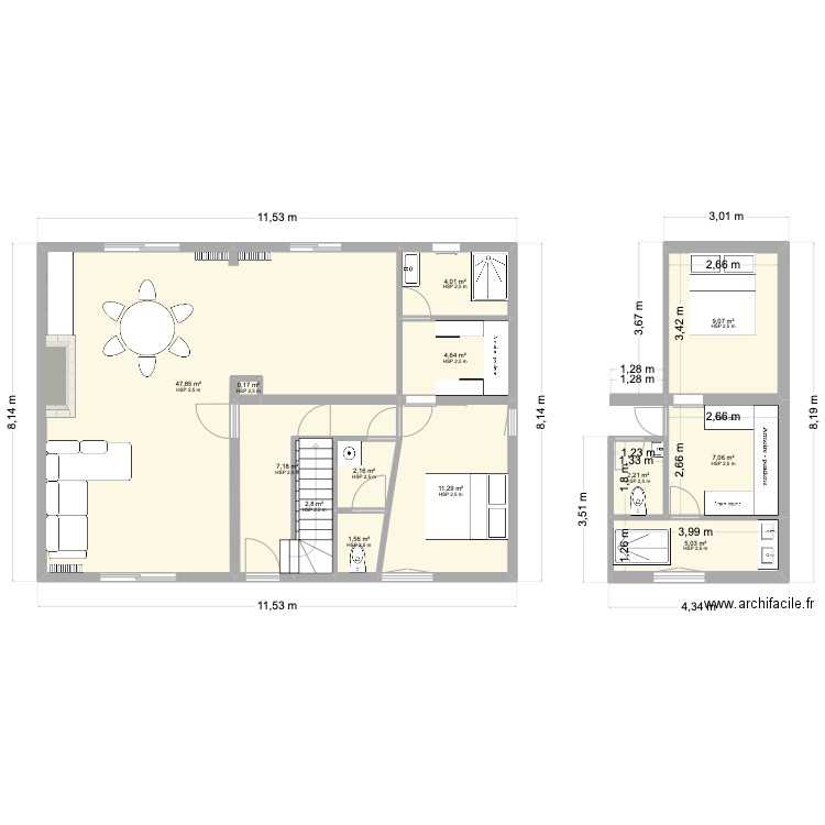 rdc (niv 0). Plan de 13 pièces et 105 m2