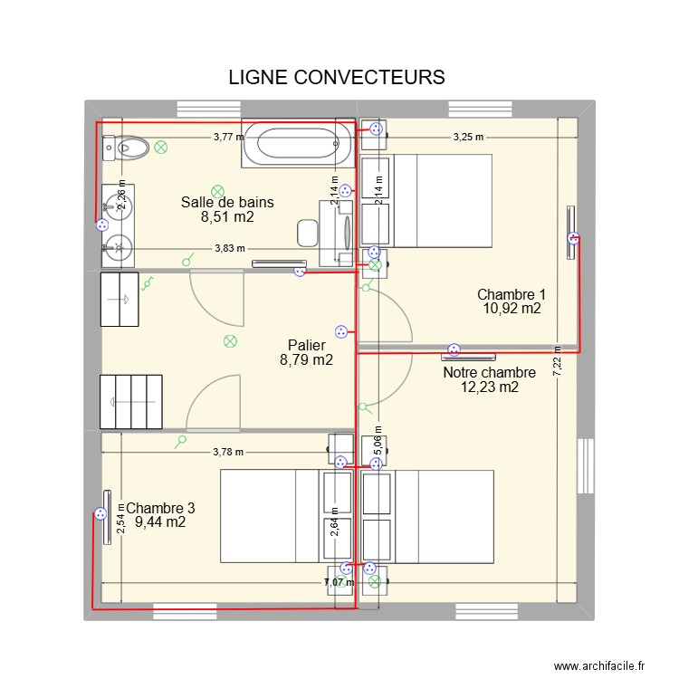 Electricité ligne 4 convecteurs. Plan de 2 pièces et 50 m2