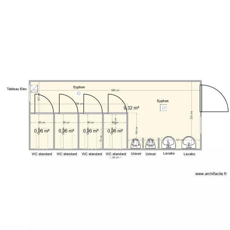 Sanitaire WC H. Plan de 5  et 13 m²
