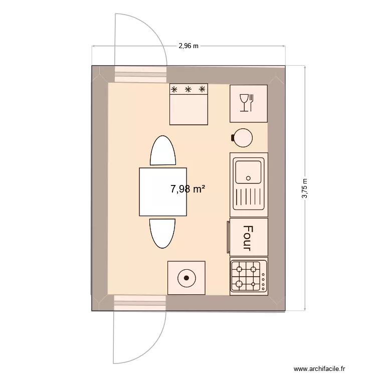 Cuisine horizontal. Plan de 1  et 8 m²