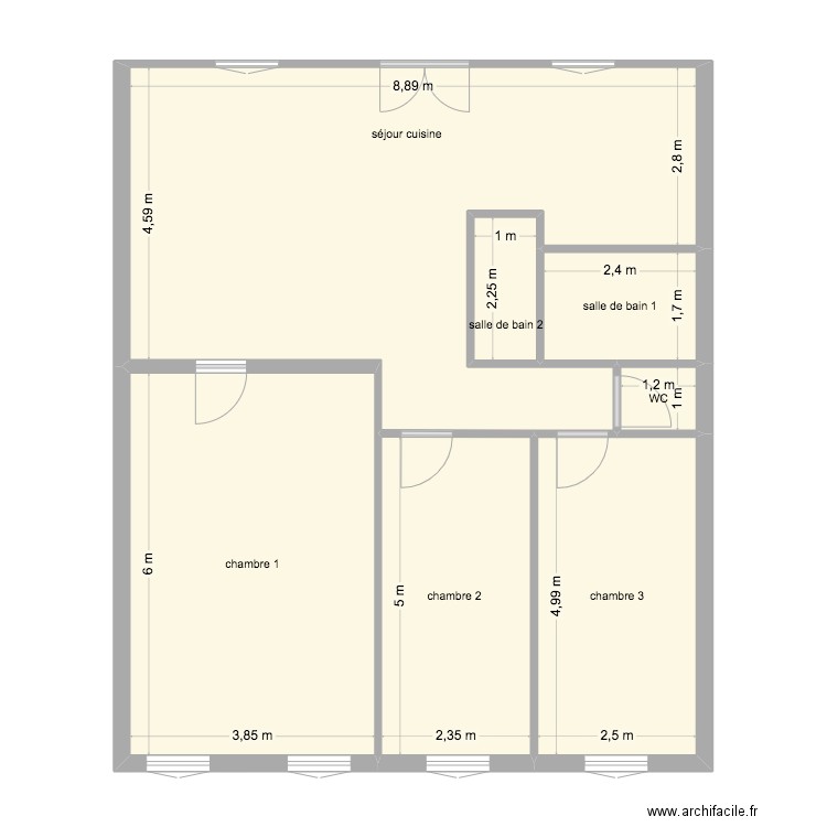 1 er etage. Plan de 7 pièces et 92 m2