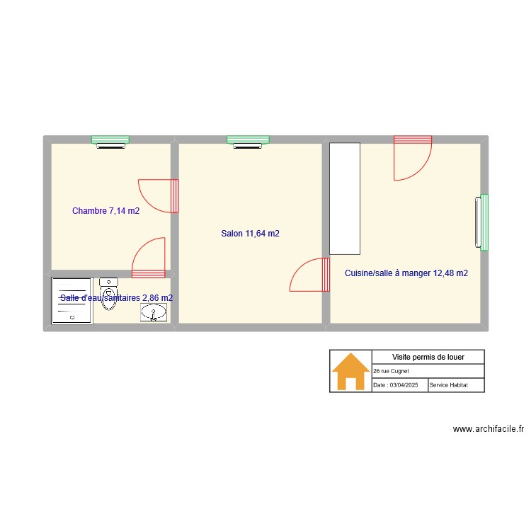 Permis de louer service Habitat. Plan de 4 pièces et 34 m2
