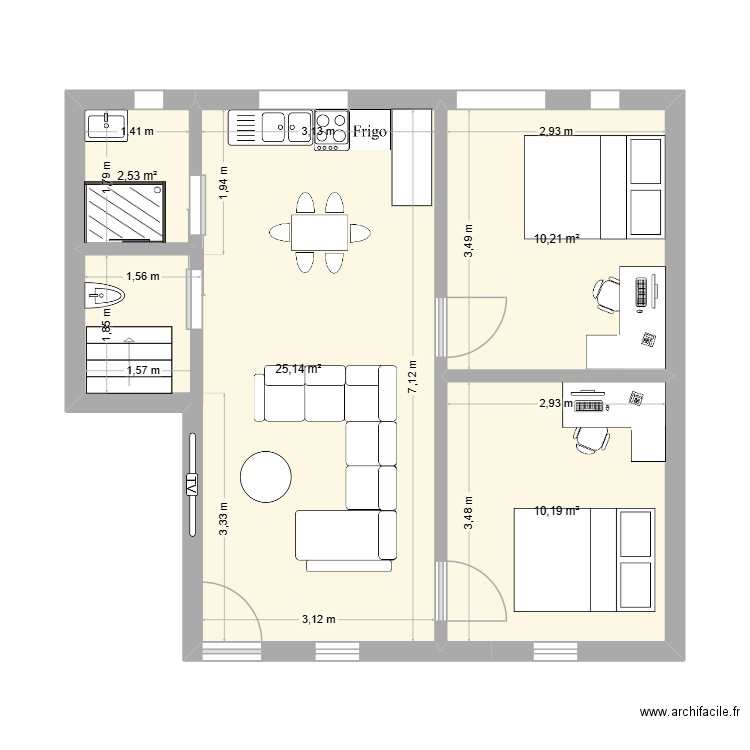 Plessis 46m² plan 2. Plan de 4 pièces et 48 m2