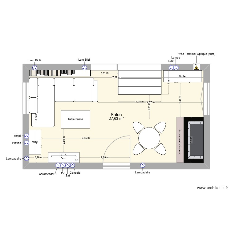Salon. Plan de 1 pièce et 28 m2