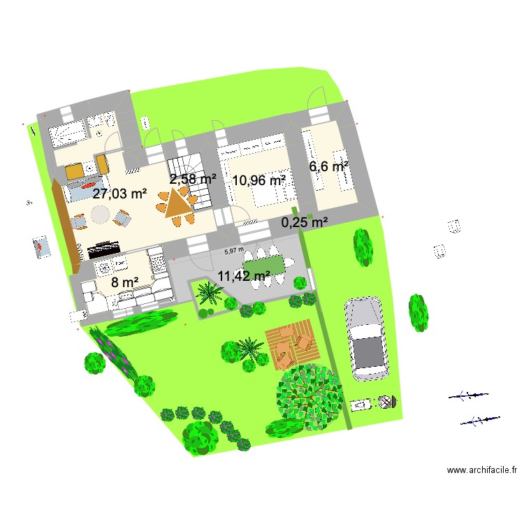 PRIEUX jardin. Plan de 7 pièces et 67 m2