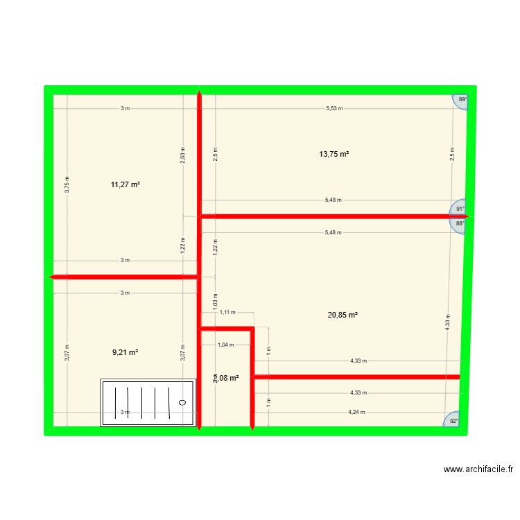 etage 3.0. Plan de 5 pièces et 57 m2