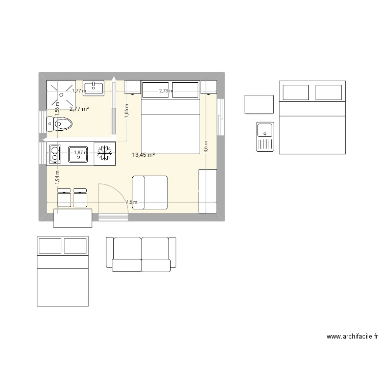 Bungalow 20m2 modifié épouse Joseph. Plan de 2 pièces et 16 m2